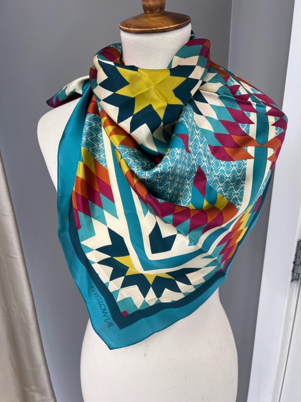 b. yellowtail Morning Star Silk Scarf in Teal, Yellow & Orange
